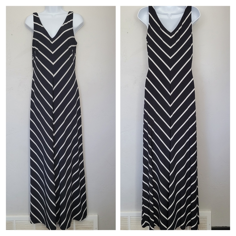 Lauren Ralph Lauren Women's 6 Sleeveless Maxi Dress Black White Stripes V-neck